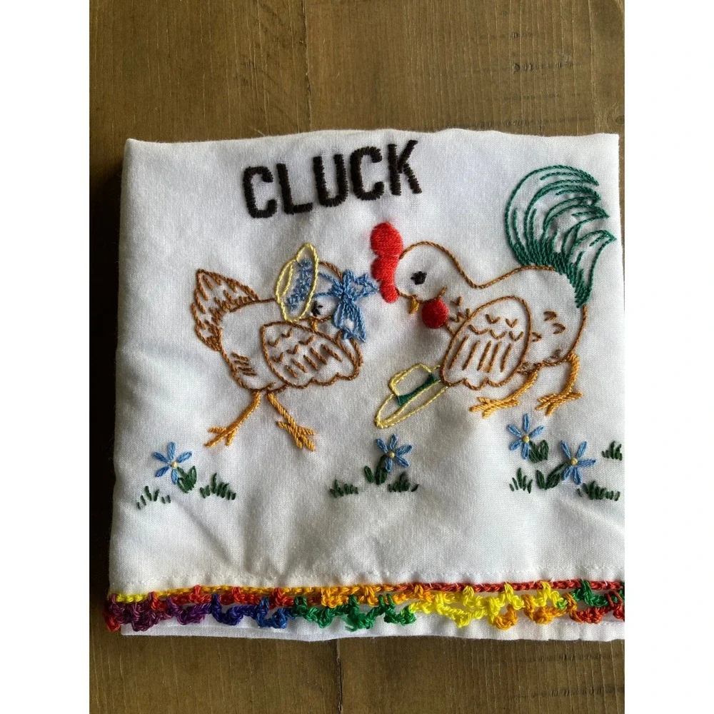 Vintage Hand Embroidered Chicken Tea Towels Set of 2 Rainbow Crochet Trim White